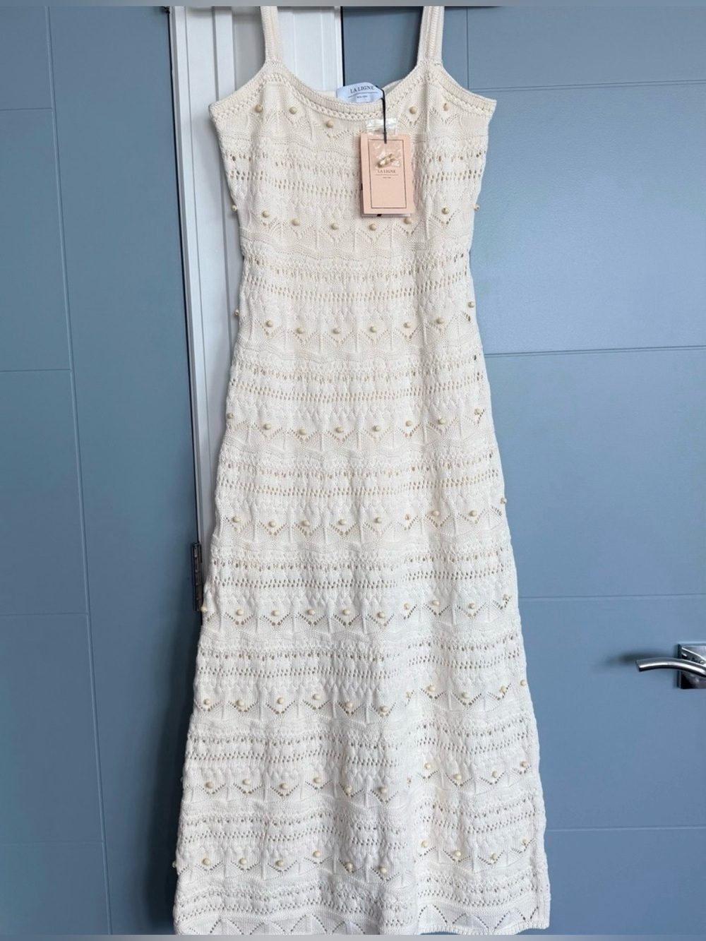 NWT La Ligne Janice Beaded Crochet Sleeveless Cream Midi Dress 100% Cotton - S - Picture 2 of 11